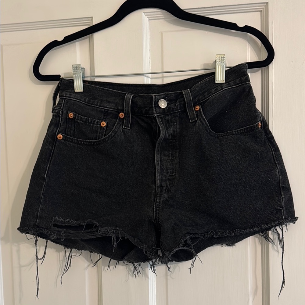 Levi's 501 Black Jean Shorts Distressed Frayed Hem